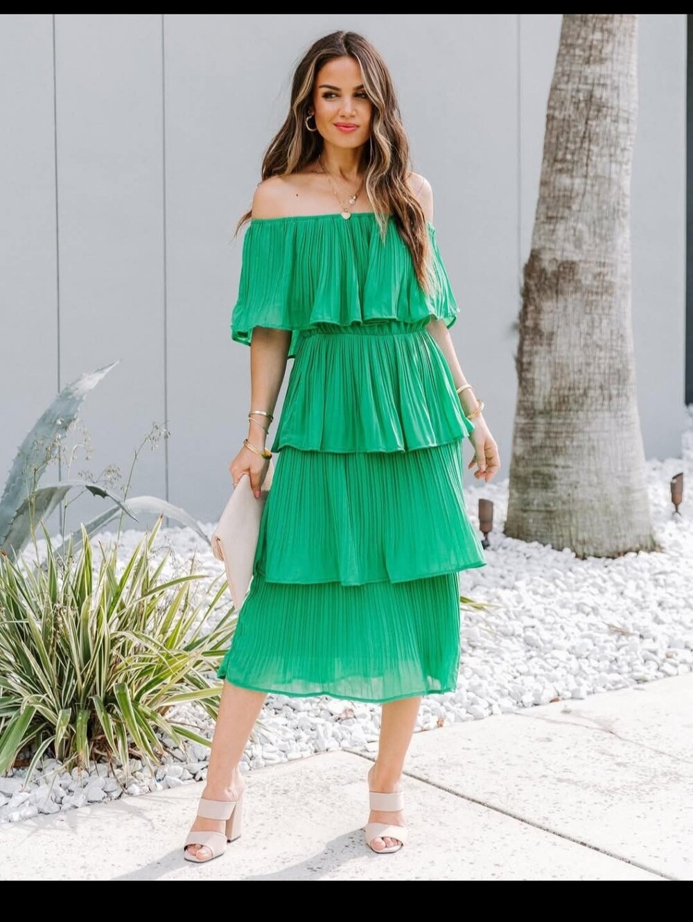 She & Sky Pleated Layer Midi Dress Off Shoulder Green Sz Small NWT